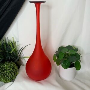 Red satin pencil neck glass vase with blue trim